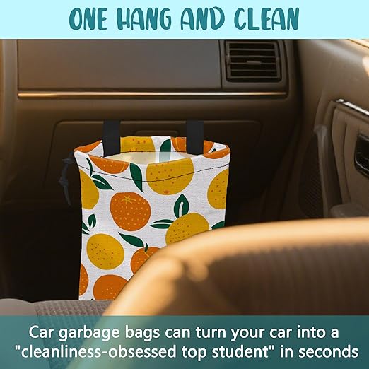 Car Garbage Bag Cartoon Oranges Fruits Hanging Canvas Car Trash Bag Waterproof Drawstring Car Back Seat Organizer for Car Back Front Seat Console with Adjustable Buckle