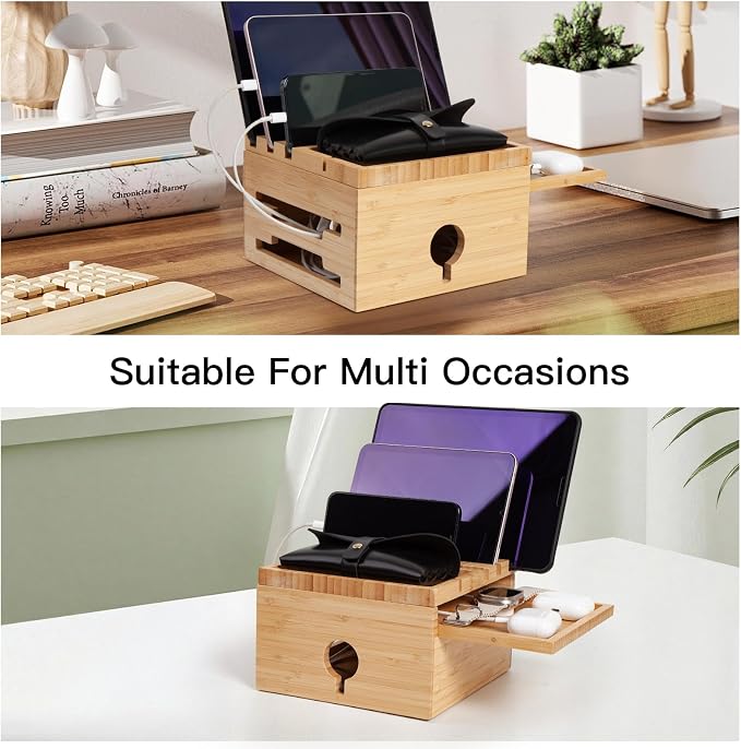 Bamboo Charging Station Organizer, No USB Charger and Cables | Nightstand Docking Station with Small Tray, Desktop Wood Charger Organizer, Compatible with Cell Phone, Tablet, Earphones