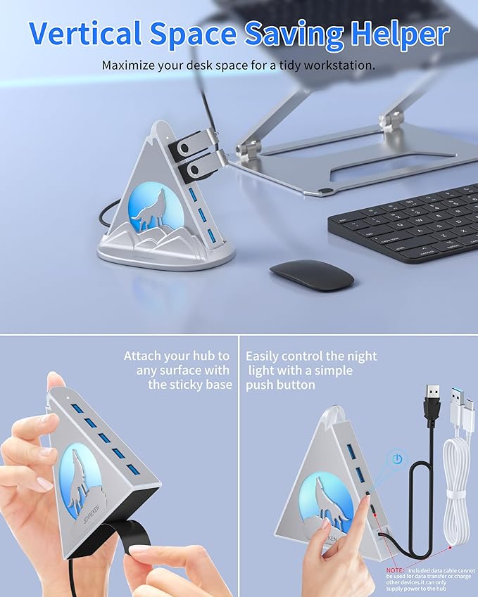 USB Hub 3.0, 7-Port USB Hub with RGB Night Light and Base, Vertical USB a Splitter for Desktop,Laptop, MacBook, Xbox, PS4/5, Game Console, Flash Drive, XPS, PC, Printer, Camera, Keyboard (Silver+Base)