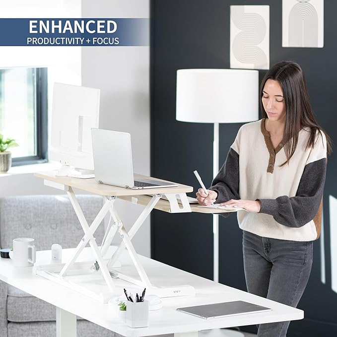 VIVO 32 inch Desk Converter, K Series, Height Adjustable Sit to Stand Riser, Dual Monitor and Laptop Workstation with Wide Keyboard Tray, Light Wood Top, White Frame, DESK-V000KF