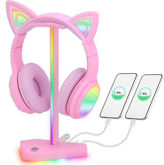 RGB Headphones Stand with 1 USB-C Data Transmission& 3 Type-C Charging Port, Desk Gaming Headset Holder with 7 Light Modes and Non-Slip Rubber Base (Pink)
