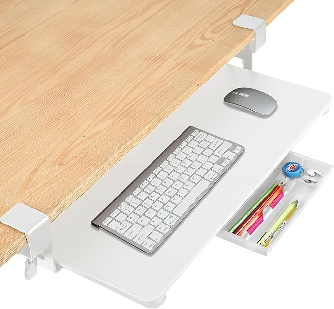 Desktop Keyboard Tray, Pull-Out Under The Table, 26.77 "X 11.81" Large-Sized Keyboard Tray, C-Shaped Lip Holder, Easy to Install, Suitable for Home Learning and Office Use(White)