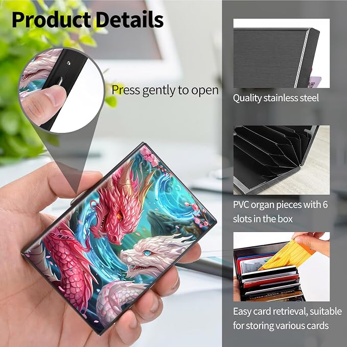 Metal Wallet, Credit Card Holder for Women Men Girls, RFID Blocking Aluminum Wallet Slim Hard Case, Mini Travel Wallet, ID Card Holder Business Card Case,Pink White Dragon