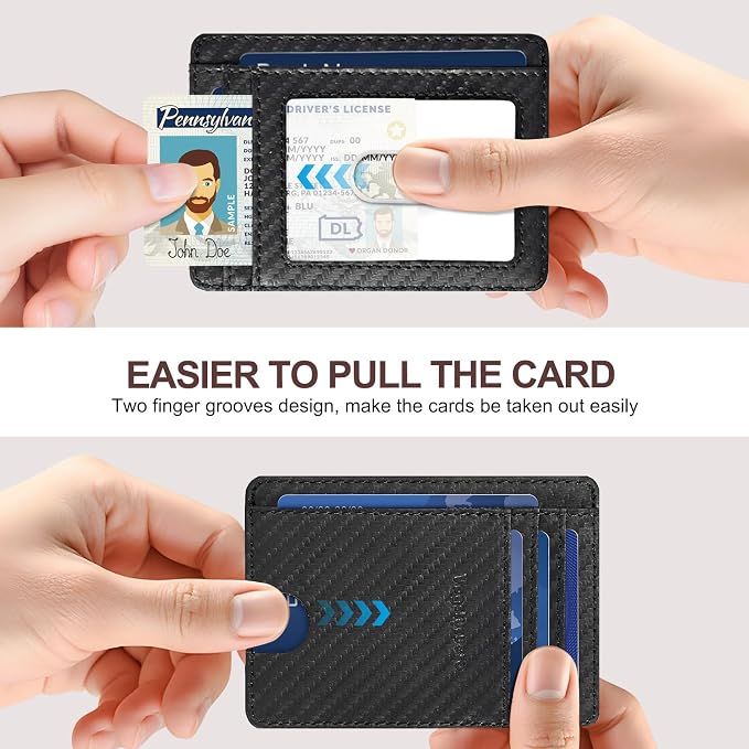 Slim Minimalist Front Pocket Thin Wallet RFID Blocking 100% Genuine Leather Credit Card Holder for men Women, with Gift Box-Carbon Fiber Leather Black