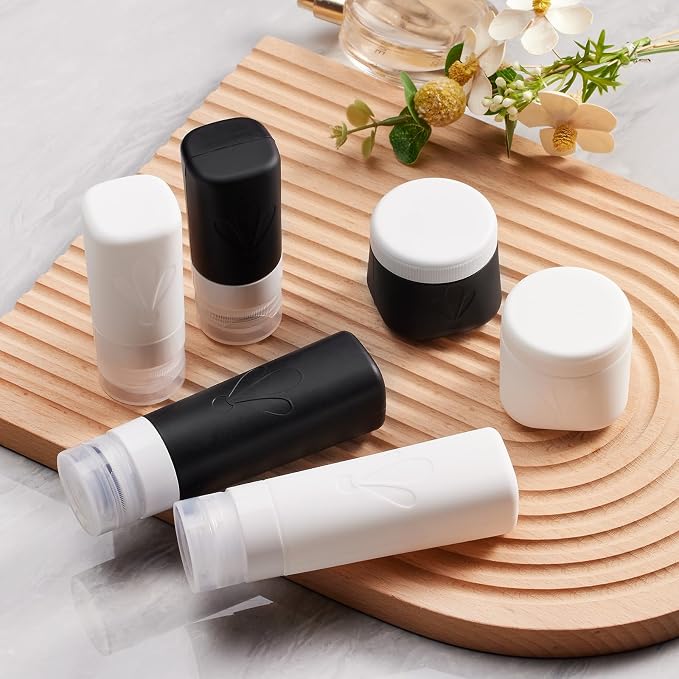 INSFIT travel bottles for toiletries 6 Pack, Leak proof Travel Size Toiletries Containers with toiletry bag, Squeezable Silicone Bottles & Cream Jars, Travel Essentials BPA-Free set for Shampoo