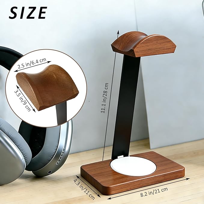 Solid Wooden Headphone Holder with Fast Wireless Charging Pad, Universal Headset Stand for Gaming Desk, Headphone Rack Wireless Charger Compatible with iPhone Samsung with QI Function (White