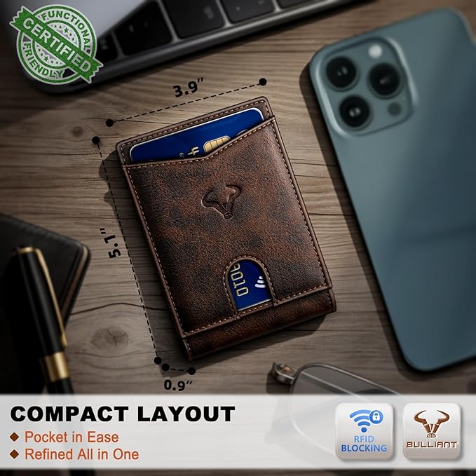 BULLIANT Men Wallet, Slim Leather Wallet Front Pocket Card Holder Gift For Men 11 Slots RFID Blocking
