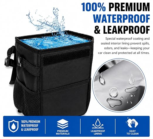 LuxMotive Car Trash Can – 3 Gallon Leakproof Waterproof Auto Trash Bin, Hanging Car Garbage Container with Lid & Storage Pockets, Foldable Car Organizer for Vehicle Interior (Black)