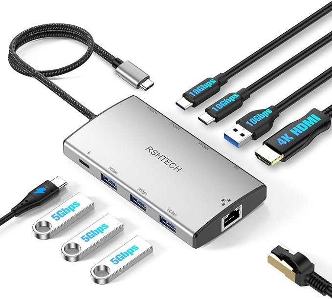 RSHTECH 9-in-1 USB C Hub Multiport Adapter with 4K HDMI, 10Gbps USB-3.2 Ports(2C + 1A), 3 USB-3.0 5Gbps Data Ports, 100W PD, Gigabit Ethernet, Aluminum USB-C Dongle for MacBook, Laptops and More