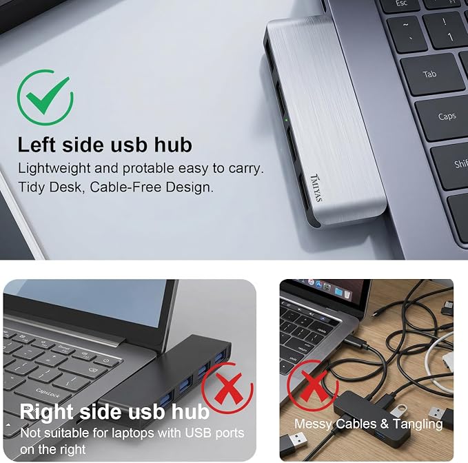 Left Side USB 3.0 Hub, 4-Port Cable-Free USB Splitter for Laptop, Direct-Plug Design, Compatible with MacBook, Laptops, Desktop, Surface, Flash Drive, HDD and USB More