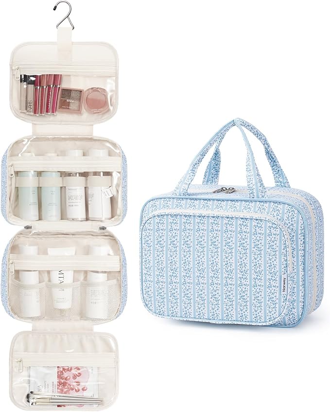 Narwey Hanging Toiletry Bag for Women Travel Makeup Bag Organizer Toiletries Bag for Travel Size Essentials Accessories Cosmetics (Blue Flower Buds (Medium))