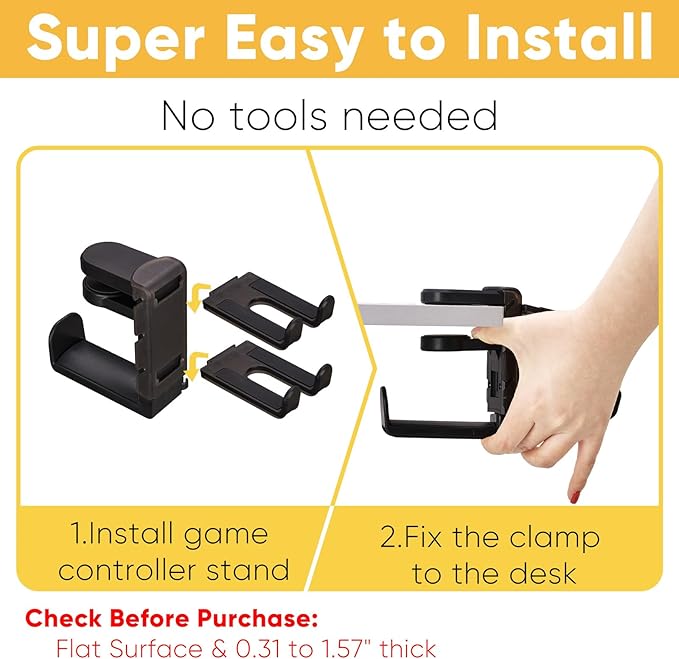 3 in 1 Under Desk Headphone Hanger with Adjustable Clamp Mount, 2 Controller Slots & 1 Headset Universal Holder Stand, Rotatable Hook Rack & Cable Organizer, for Home Gaming Xbox ps5 - Black