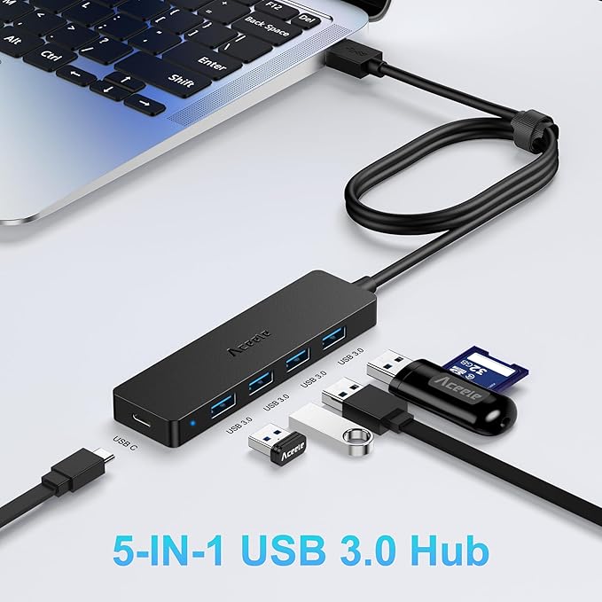 Aceele 4-Port USB 3.0 Hub, Ultra-Slim Data USB Hub with 2ft Extended Cable [Charging Not Supported], USB Extender for MacBook, Mac Pro, Mac mini, iMac, Surface Pro, XPS, PC, Flash Drive, Mobile HDD