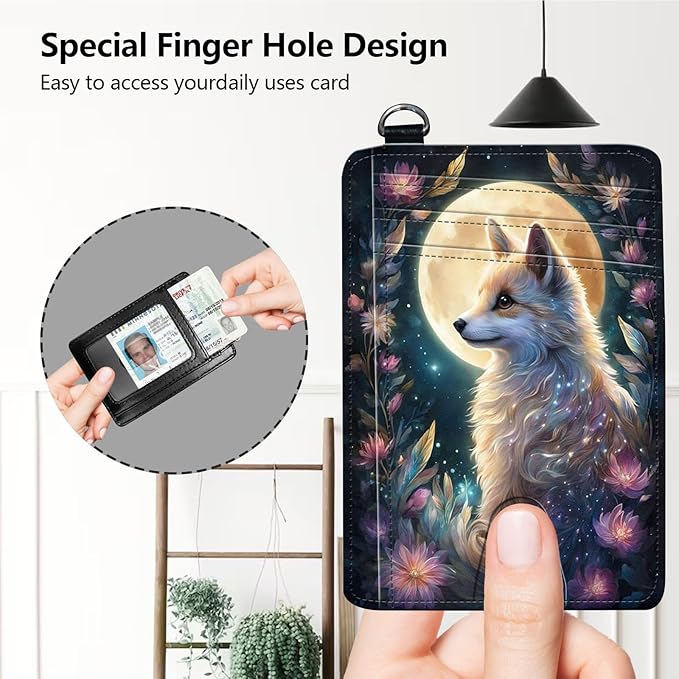 Slim RFID Blocking Card Holder Wallet with Wrist Strap - Minimalist Front Pocket Wallet, Fox Moon Design, PU Leathe, for Men & Women, Ideal for Travel & Gifts