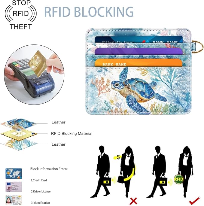 Slim Credit Card Holder Wallet RFID Blocking Minimalist Wallets Lightweight Thin Small Cute Card Case for Women, Turtle