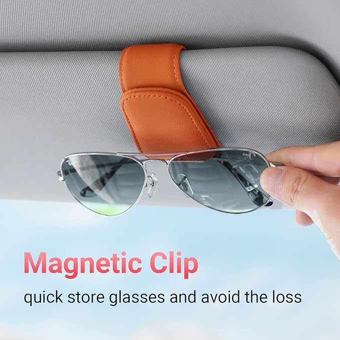 KanSmart Sunglass Holder for Car Visor Sunglasses Clip Magnetic Leather Glasses Eyeglass Holder Truck Car Interior Accessories Universal for Woman Man -Orange