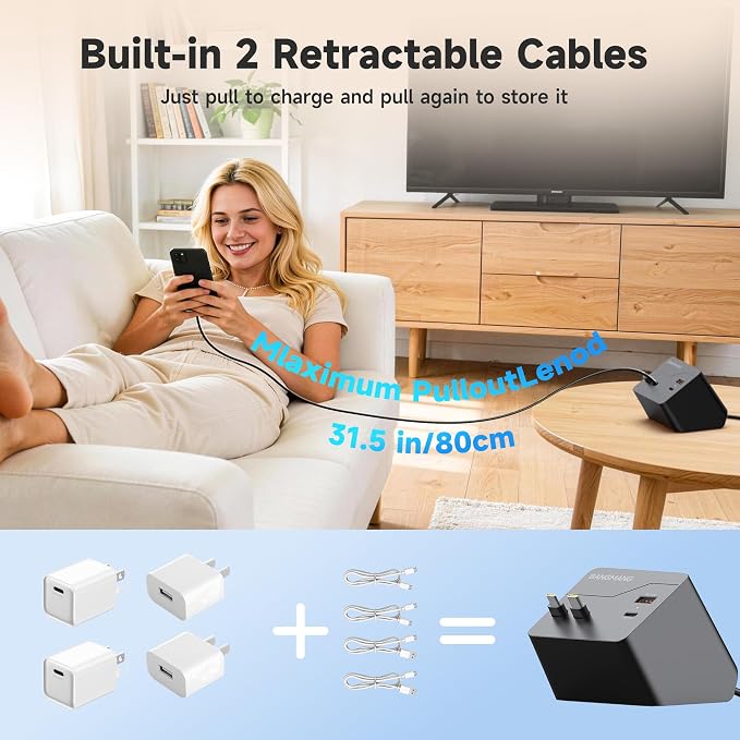 4 in 1 Retractable Charger Station with Dual USB C Cables, 40W Retractable Phone Charger with Dual USB Ports, 20W USB-C Desktop Fast Charging for iPhone 17 16 15 14 13 12 11, LG, Galaxy S24 23, Pixel