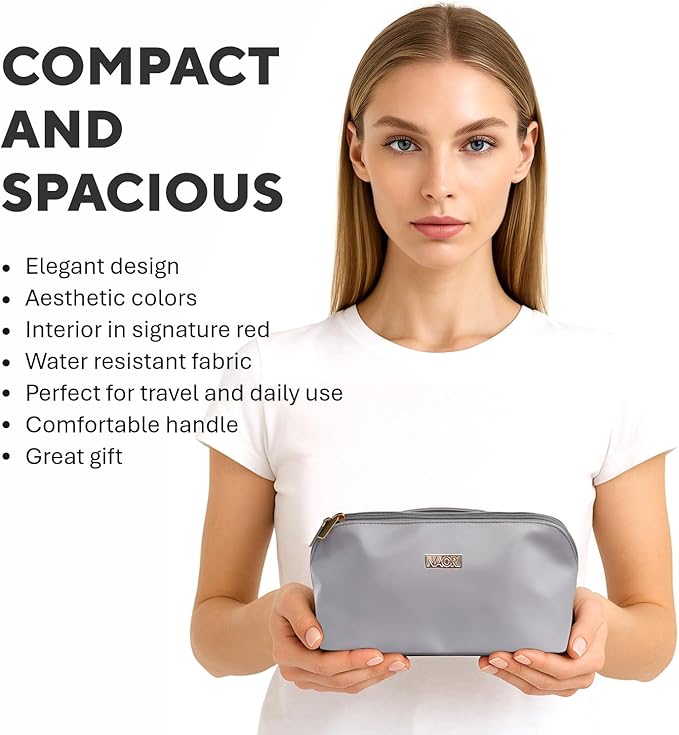 NAORI Travel Makeup Bag for Women | Large Luxury Cosmetic Organizer with Handle & Inner Pockets | Waterproof Faux Leather Toiletry Bag | Makeup Case for Home, Travel & Gifting (Soft Grey)
