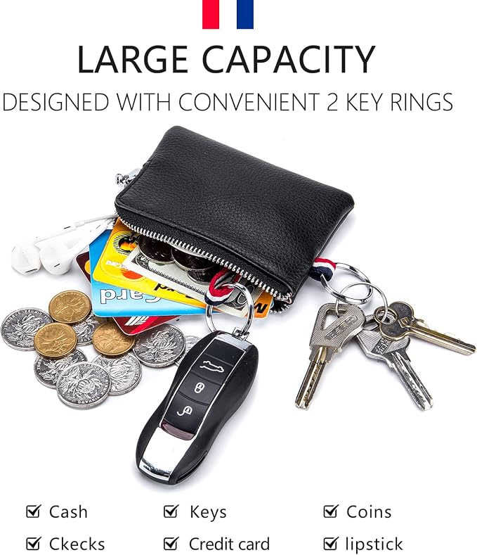 Leather Coin Purse, Change Purse for Men Women (Light khaki, standard) | Mini Coin Pouch with Zipper & 2 Keyrings, Water-resistant Genuine Leather Wallet for Pocket, Daily,Gifts