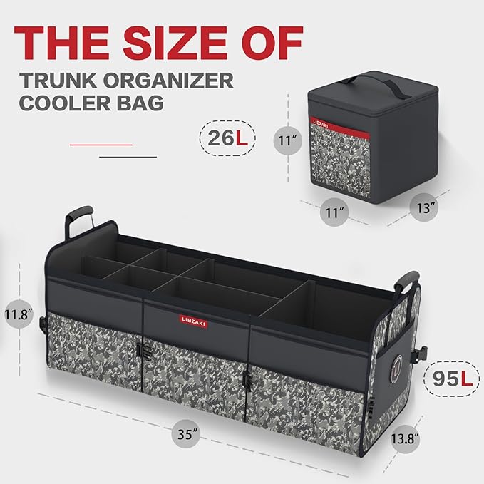 LIBZAKI Car Trunk Organizer,3 Compartments Big Trunk Storage, Large Capacity, Foldable, 95L Heavy Duty Storage Box for Car, SUV, Truck,Jeep, Includes 26L Cooler Bag-Black Camouflage