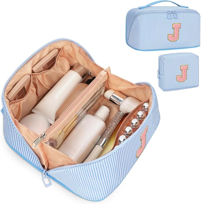 2026 Graduation Gifts - Travel Makeup Bag for Women, 2Pcs Portable Personalized Initial Makeup Organizer Bag, Open Flat Large Cosmetic Bag With Travel Essential Pouch (Blue Letter J)