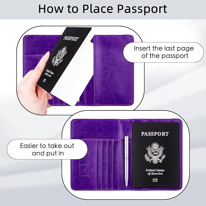 WALNEW Passport Holder for Travel, RFID Passport Cover Wallet for Women Men, PU Leather Passport Book Card Holder Case with Pen (Elastic Band Closure, A-Purple)