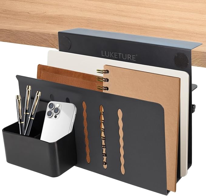 LUKETURE Laptop Holder, Steel Desk Side Storage, No Drill Standing Desk Accessories, Clamp on Laptop Mount with Pen Holder, Fits Flat Edge Tables 0.3" to 2.8" (Black, L(2 Tier))