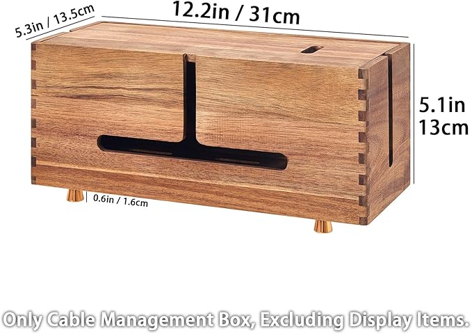 SARUFO Acacia Wood Cable Management Box - Wooden Cord Hider with 4 Metal Feet, Organizer for Desk & Floor, Power Strip TV Wire Concealer, Under Desk Storage for Office, Home Electrical Cables
