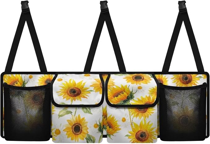 Sunflower Hanging Trunk Organizer for SUV Back Seat Organizer with Elastic Net Collapsible Cargo Storage Bag Car Interior Accessories