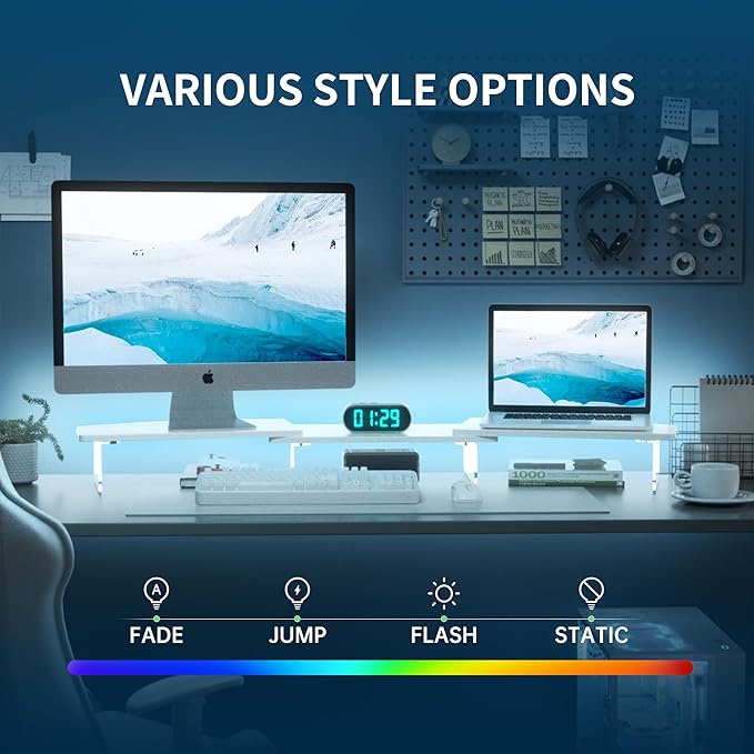 AFOOYO LED Dual Monitor Stand Riser for 2 Monitors,Office Desktop Wooden Stand Adjustable Length and Angle 3 Shelf,Extra Long Multifunctional Stand up to 44.4" for Computer,Laptop,TV,White