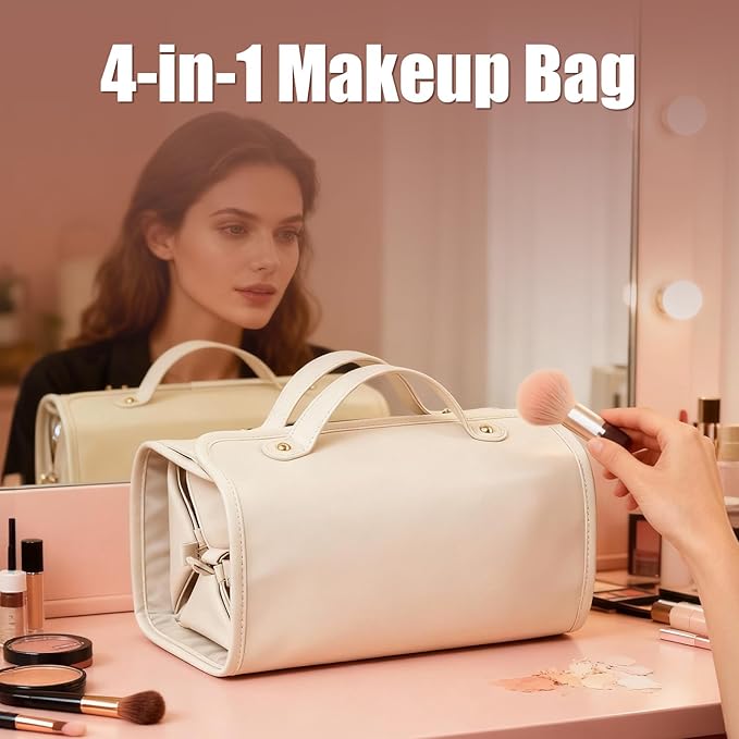 Large Expandable Makeup Bag for Women, 4-in-1 Waterproof Makeup bag, Cosmetic Bag with Detachable Interior Pockets, Ideal for Women Travel Essentials(White)