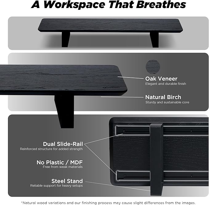 ULTRARM Moodular Wooden Monitor Stand 33.4??(85cm) Desk Organizer with Metal Slide Rails for Drawer, Tray, Laptop, Tablet, Phone & Headphones Customizable Riser for Organized Workspace Black MS85-B