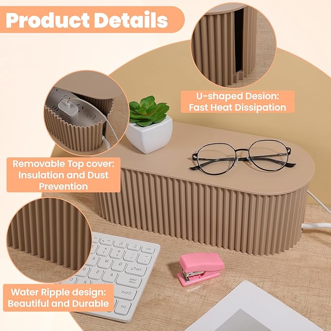 2 Pcs Large Cable Management Box, Plastic Cord Organizer for Power Strips, Surge Protectors, Chargers, Adapters, TV Computer Wires Hider for Home Office Desk, Khaki