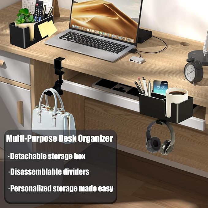 Yinqster 2/3/4 in 1 Desk Cup Holder and Headphone Hanger,Clip on Cup Holder with Rotating Headphone Stand & 2 Wire Holes,Detachable Side Desk Organization for Table,Office Accessories