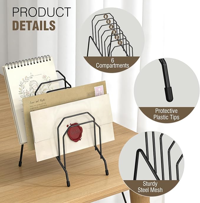 Gawerk Incline Desk Mail Organizer, Mail Sorter Letter Organizer Rack with 6-Section Vertical Compartments Rack for Letters, Postcards, Brochures, Mail Holder for Office, Home, School