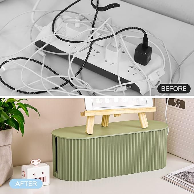 FABROK Cable Management Box with 10 Cable Ties, Cable Organizer Box for Power Strips, Surge Protectors, Chargers, Adapters, TV Computer Wires Cable Hider Organizer Box for Home/Office (Large/Green)