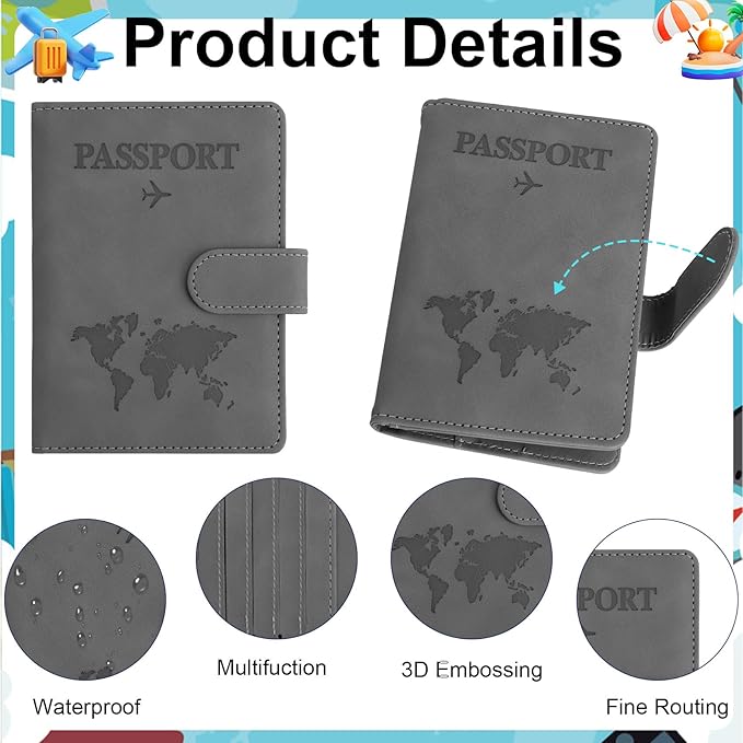 Passport Holder for Travel Essentials, Grey Leather Passport Cover, Passport Wallet Holders for Women Men Family Travel Gifts Must Have Accessories, Credit Card Cash Air Ticket Storage Supplies