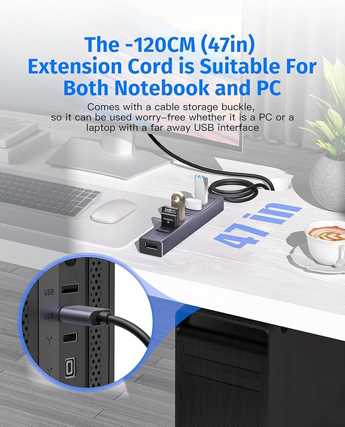 FORIDA USB Hub 8 Port, 7 USB 3.0 Data Ports + USB C 5V/3A Power Port, 47 Inch/120CM Long Cable USB Splitter, Portable USB Hub for Laptop, PC, MacBook, Flash Drive & More - Dark Gray