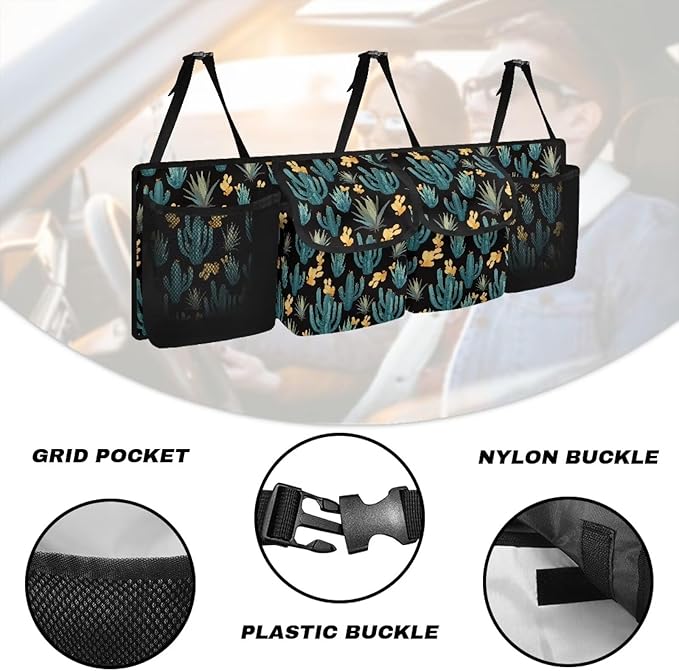 Cactus Car Trunk Organizers,Backseat Hanging Organizer with 4 Large Storage Bag,Waterproof Car Organizer with Lids,Road Trip Adjustable Strap Large Capacity Bag for Car SUV
