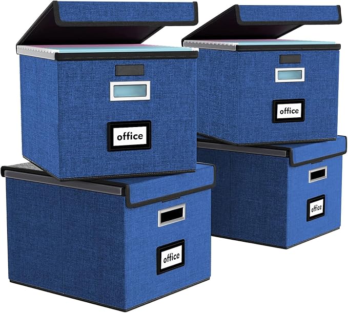 Decorative File Organizer Boxes Office Document Storage with Lids, Portable Collapsible Linen Hanging Filing & Storage Boxes for Office/Decor/Home (Royal Blue) -14.9 x 12.7 x 10.8 inch -4 Pack
