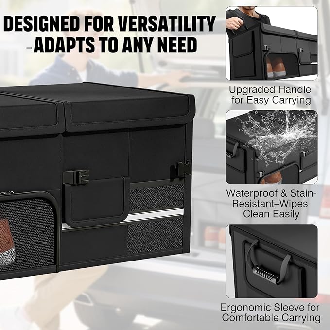 Foldable Car Trunk Organizer with Multi-Compartment – Expandable 30-60L Storage Bin, Side Mesh Pockets, Waterproof 600D Oxford Cloth, Car Accessories for SUV/Truck/Sedan, Beige, 23.6"x13.0"x11.8"