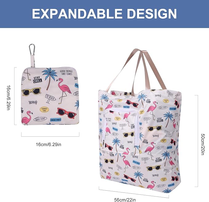 2 Pack Travel Laundry Bag with Handle and Drawstring, Expandable Foldable Dirty Clothes Bags with Hook and Zipper, 23*20 inch, Vacation