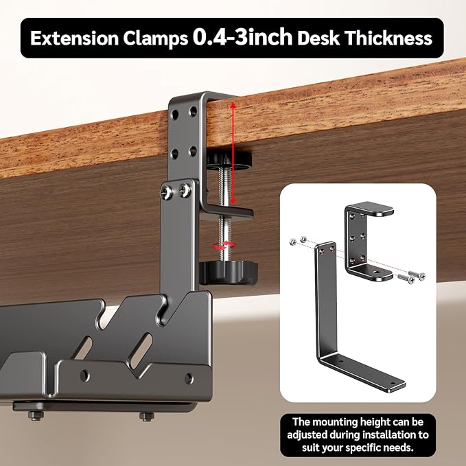 Extended Metal Under Desk Cable Management Tray with Power Outlet, No-Drill Wire Organizer with Clamp, Cord Storage Raceway for Desk Cable Management for Office Home (Black)