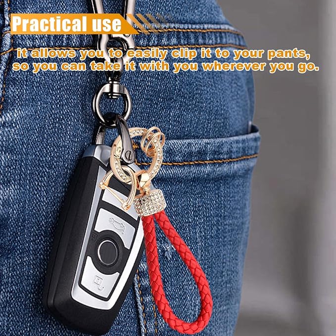 Leather Car Keychain with Bling Rhinestones, Snap Swivel Key Ring, Key Tag Car Key Fob Holder, Key Organizer for Men Women, Anti-Lost D-Ring (Red)