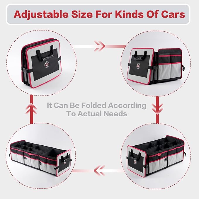 LIBZAKI Car Trunk Organizer,3 Compartments Big Trunk Storage, Large Capacity, Foldable, 95L Heavy Duty Storage Box for Car, SUV, Truck,Jeep, Includes 26L Cooler Bag-Gray&Black