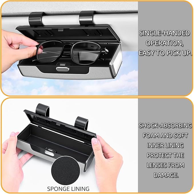 Car Sunglasses Holder for Sun Visor, Button Leather Eyeglass Hanger and Interior Storage Box