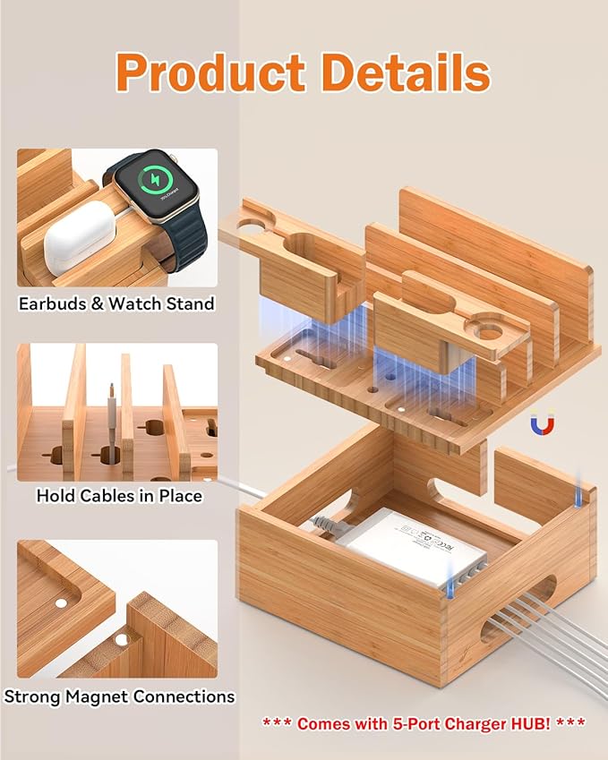 Pezin & Hulin Bamboo Charging Station for Multiple Devices, with Power Charger, Wire Cables 5 Pack, Compatible with Multi Phones & Tablet, for Earbuds & Smart Watch