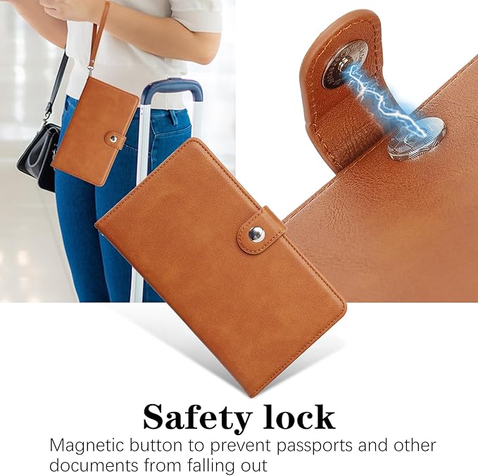 Passport Holder for Travel Essentials, RFID Blocking PU Leather Wallet Cover with Wristlet Strap Magnetic Closure Passport Book Holders Case for Women and Men, Brown