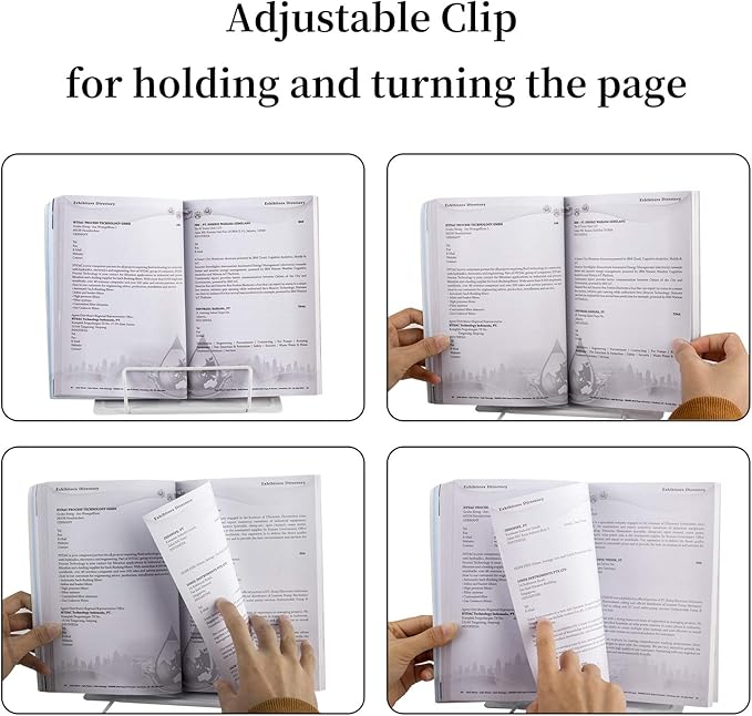 Blizzow Desk Book Stand Holder - Hands Free, Adjustable Metal Stand, Lightweight Foldable Portable - Cookbook, Recipe, Tablet, Music, Documents (White)