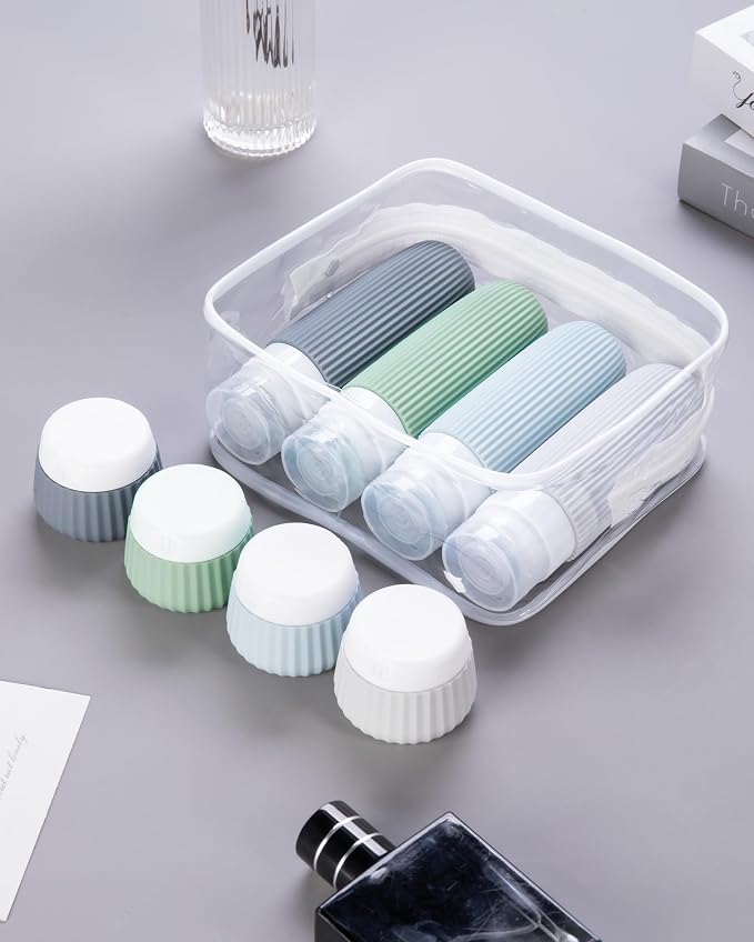 Mrsdry Travel Bottles for Toiletries 8 Pack, Tsa Approved Travel Size Toiletries 3 oz, Travel Containers for Toiletries, with Clear Bag, Leak Proof Silicone Squeezable Travel Essentials Creams Jars